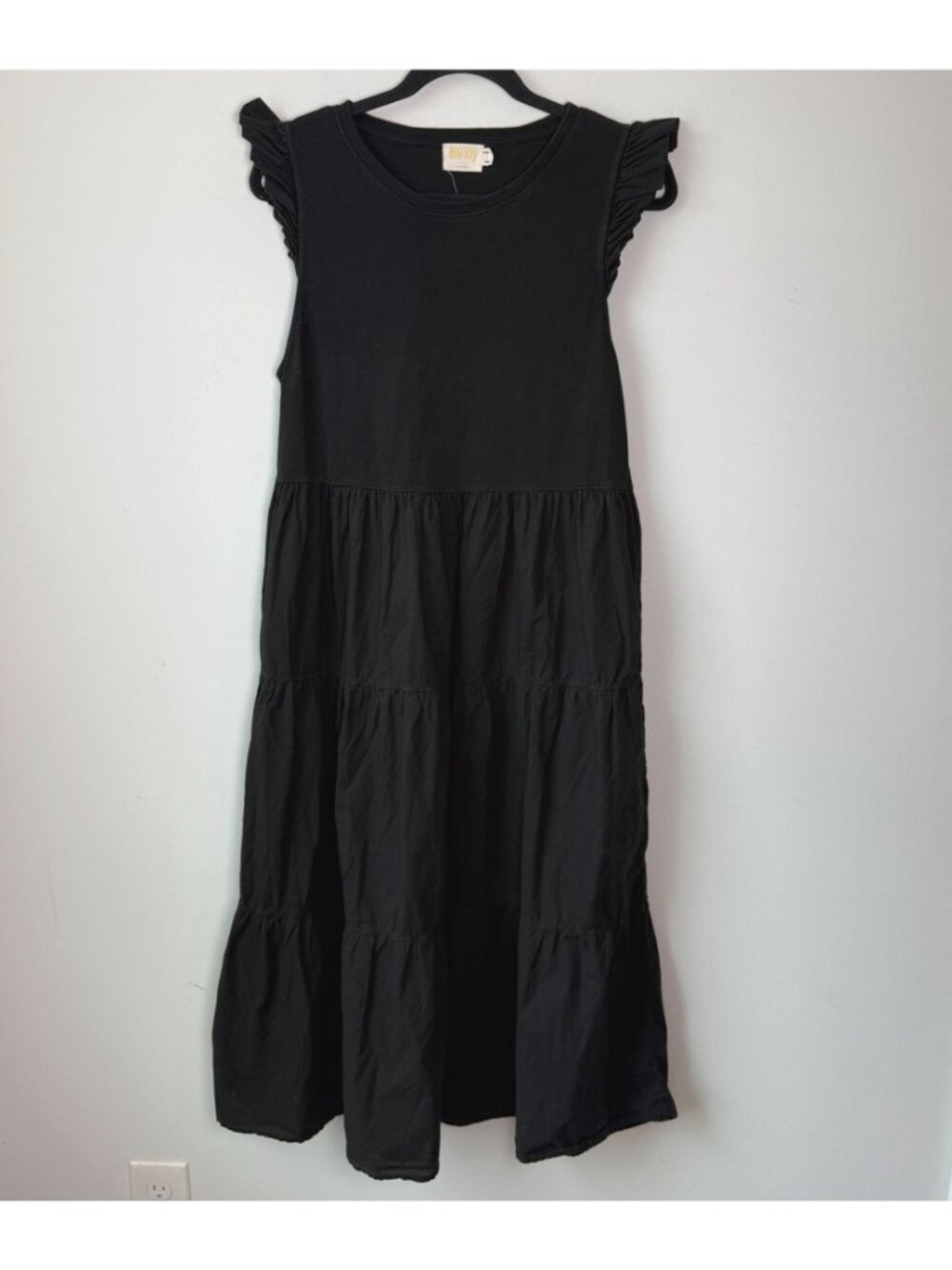 Nation LTD Sissy Tiered Ruffle Sleeve Midi Dress Jet Black Size L Minimalist - Picture 5 of 9